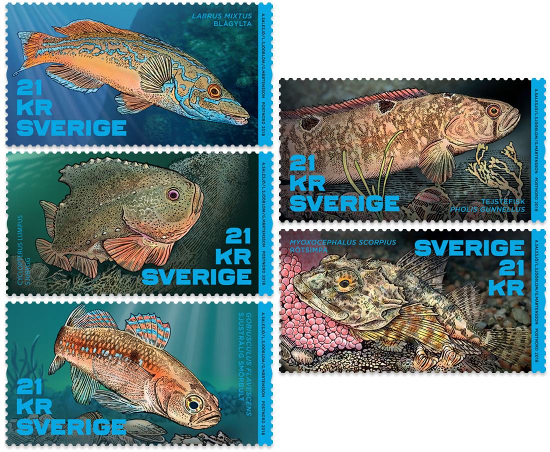 Frimärken med motiv fiskar.
