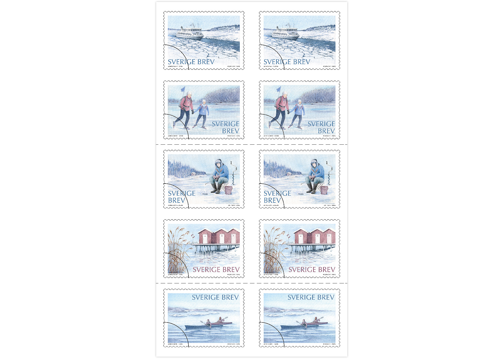 Frimärkshäfte med 10 frimärken, 5 motiv av vintriga aktiviteter och skärgård.