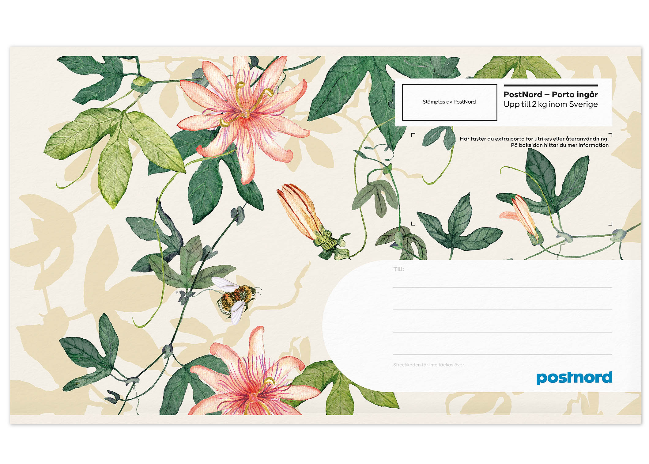 Framsida/Baksida presentpåse med färgillustration av Anna Handell föreställande klematis.